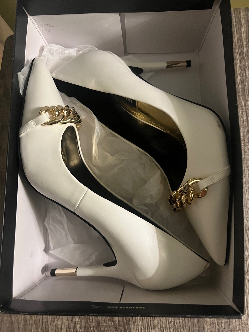 Nine West White Pointed Stiletto Pumps with Gold Chain Accent